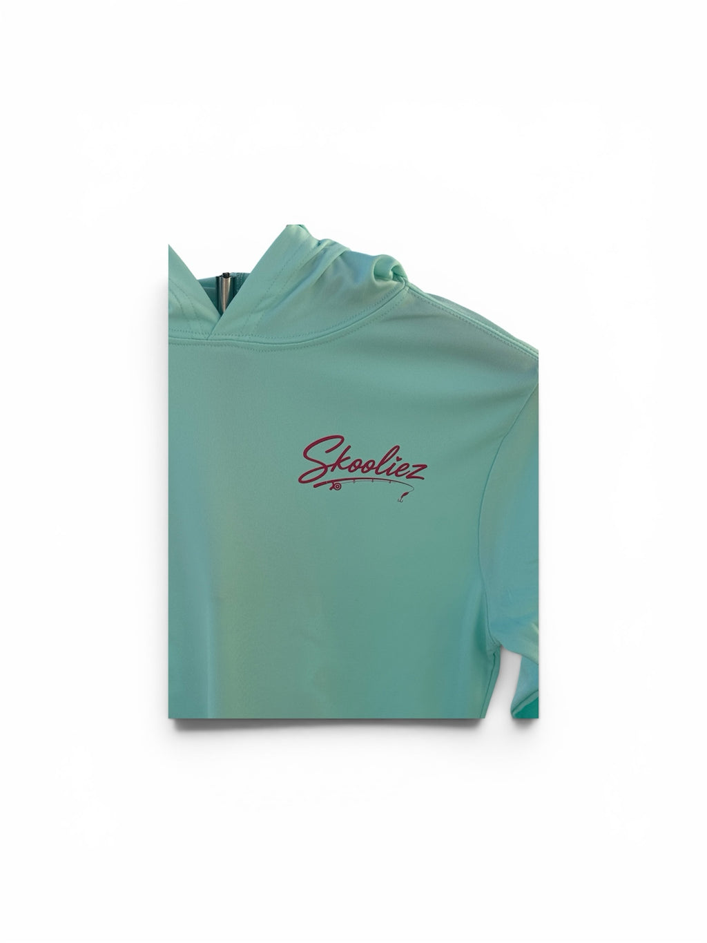 Skooliez mint-green long sleeve performance fishing hoodie with a small maroon logo on the front chest