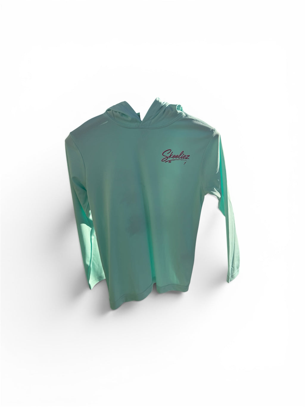 Skooliez mint-green long sleeve performance fishing hoodie with a small logo on the chest