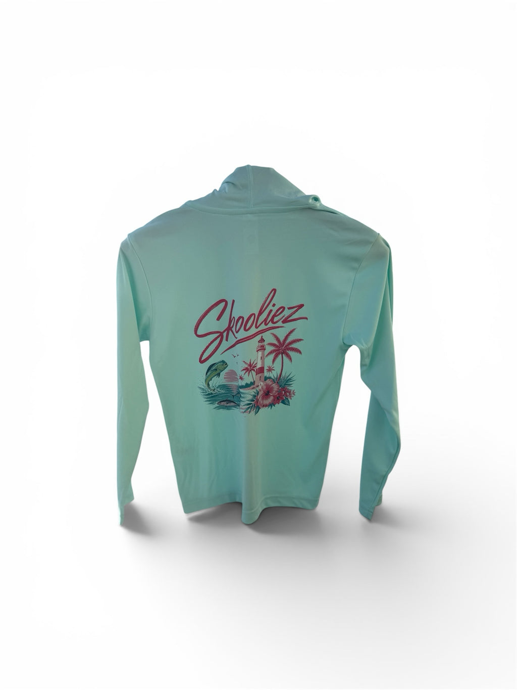 Skooliez mint green long sleeve performance fishing hoodie with a tropical lighthouse graphic on the back
